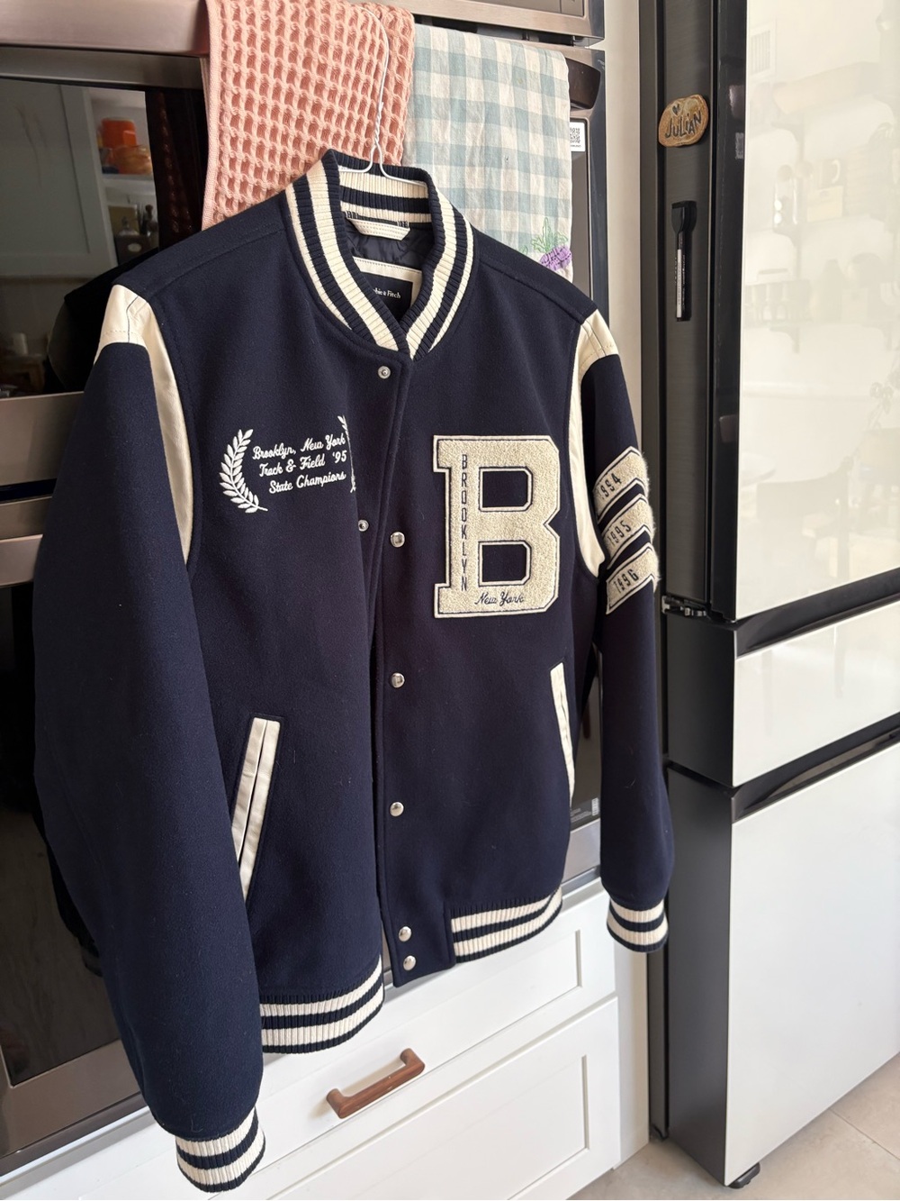 Abercrombie Mens M Brooklyn Letterman Varsity Jacket - Navy & Cream